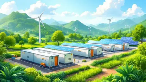 Modern energy storage facility large battery units southeast asia landscape solar wind