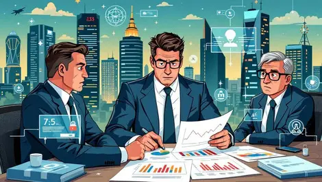 Worried business professionals reviewing cybersecurity risk charts with ai digital threats australian cityscape