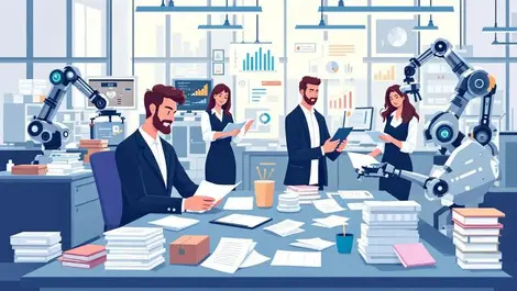 Busy office professionals finance legal automation robotic arms ai