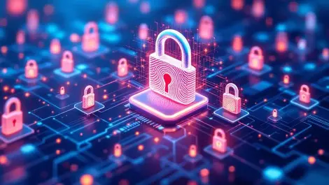 Interconnected digital padlocks biometric symbols network servers identity security