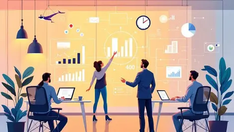 Professional office workers engaging with ai powered digital interface modern workspace