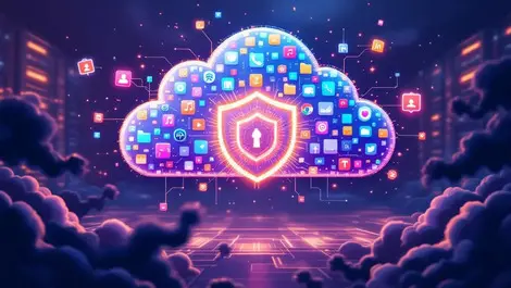 Ai shield protecting app icon cloud from shadowy cyber attack