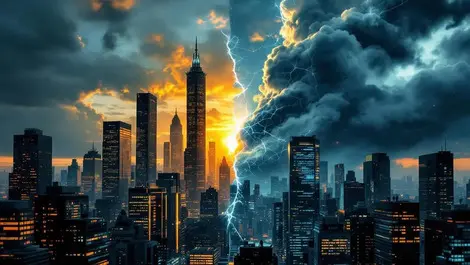 Ai growth financial skyline dusk light vs dark cyber threats