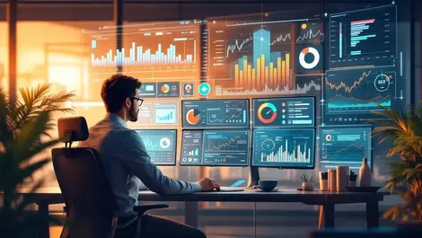 Modern corporate treasury office dashboard fintech analytics