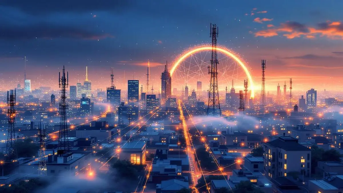 Modern city skyline wifi7 6ghz ai 5g infrastructure 2026