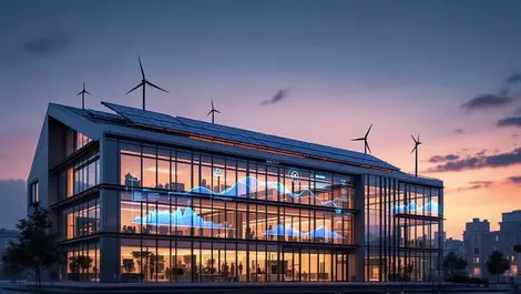 European office at dusk with solar wind energy data overlay