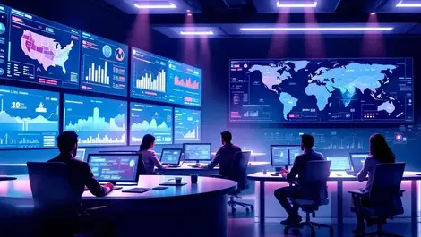 Cinematic soc with analysts world map us middle east cyber ops