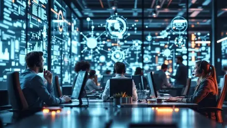 Modern us call center ai automation ops room data screens