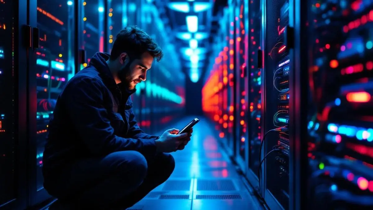 It tech kneeling data center testing fibre optic patch panel