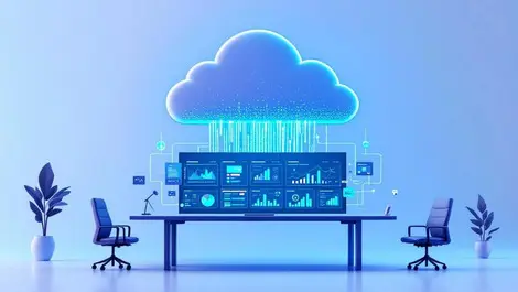 Sleek cloud data center over boardroom governed enterprise ai analytics