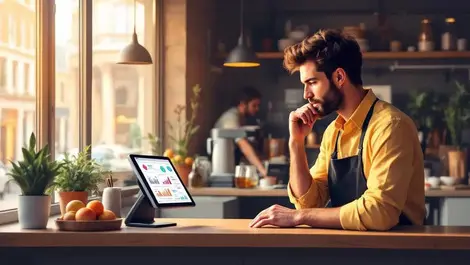 London cafe pos tablet uk small business owner reviewing analytics