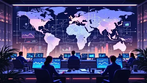 London fx trading room world map crypto network screens
