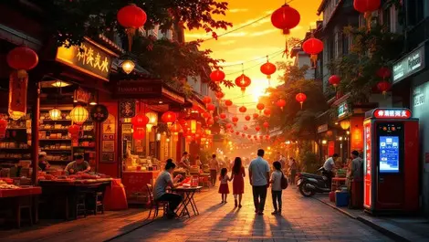 Malaysia lunar new year street sunset lanterns artisans family