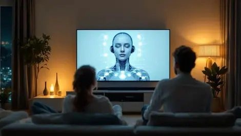 Digital human on living room tv interacting with person sofa scene
