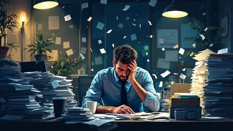 Stressed office worker night chaotic papers costly file errors