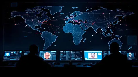 Moody ai cyber ops room global map pulsing network lines
