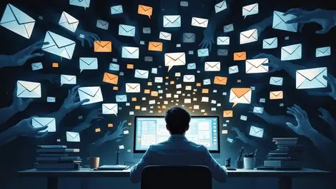 Office worker ai phishing notifications shadowy hands illustration