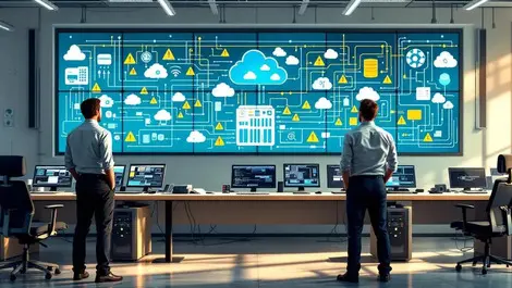 Worried it managers in chaotic hybrid cloud control room scene