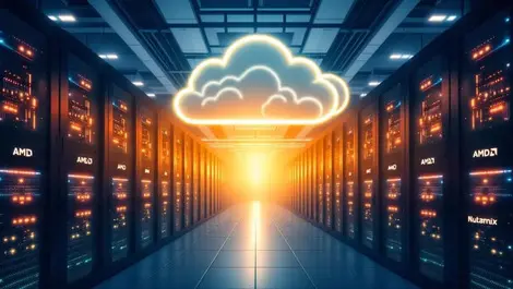 Amd nutanix hybrid cloud ai datacenter with glowing network cables