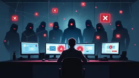 Office worker ai cyberattack popups warning icons shadowy web