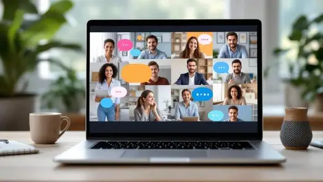 Laptop video meeting with multilingual translation speech bubbles