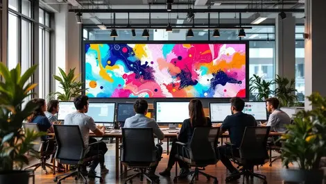 Singapore open plan agency asian team collaboration colorful screens