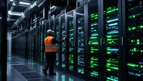 Modern london data centre server hall green energy cooling racks