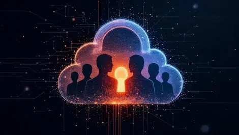 Moody cloud padlock human silhouettes identity theft pixels