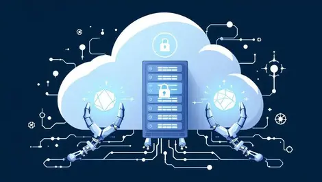 Cloud server rack mechanical claws glowing data orbs ai security