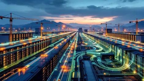 Global data center campus dusk japan us glowing fiber optic