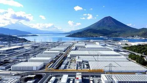 Aerial hightech data center kagoshima coast with sakurajima view