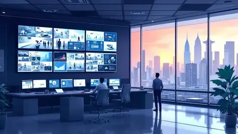 Focused analysts security ops centre cctv screens singapore digital illustration